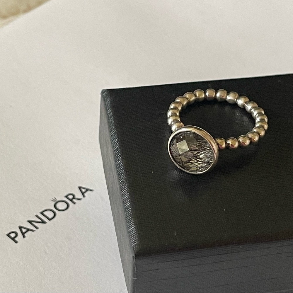 PANDORA Dark Enchantment Rutile Quartz Stackable Bubble Ring Sterling Si…
